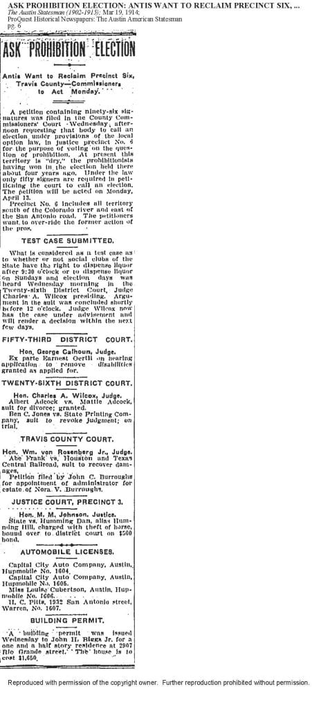 "Ask Prohibition Election", Austin American Statesmen, March 19, 1914