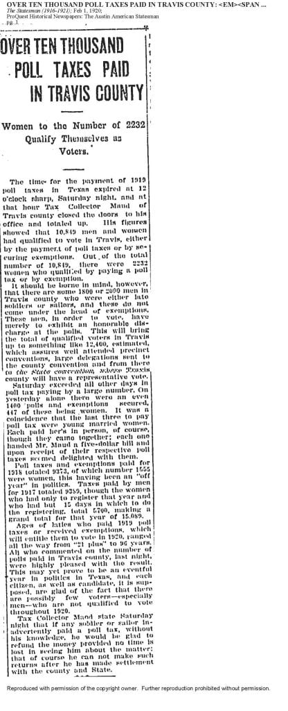 OVER_TEN_THOUSAND_POLL_TAXES, Austin American Statesman Article, Feb. 1, 1920